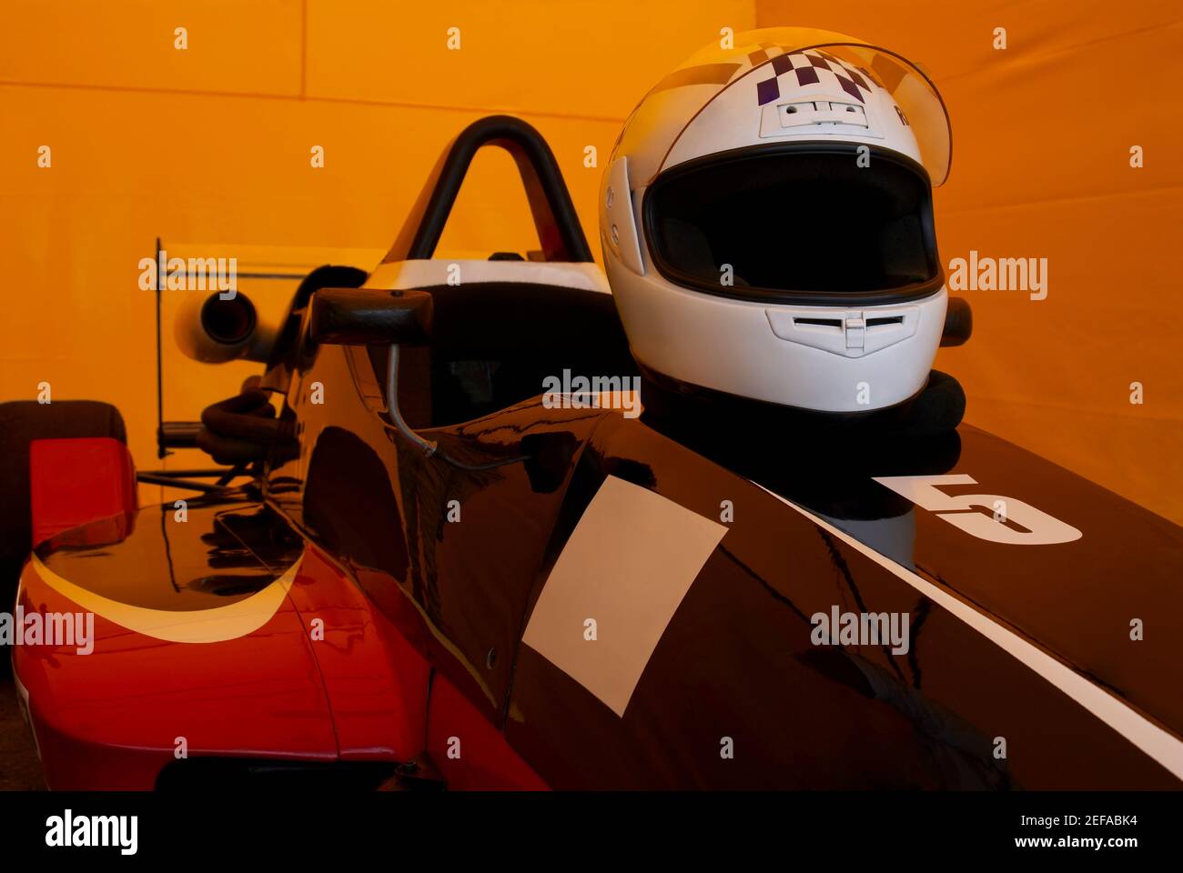 Close-up of a crash helmet on a racecar Stock Photo