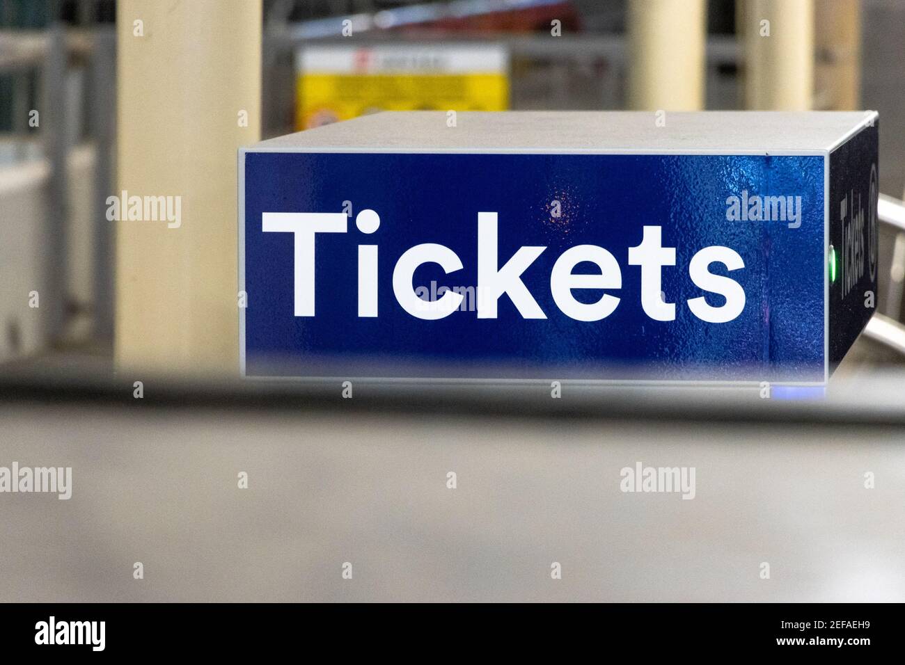 Tickets sign in the central station on the self service ticket kiosk in Kortrijk, Belgium Stock Photo