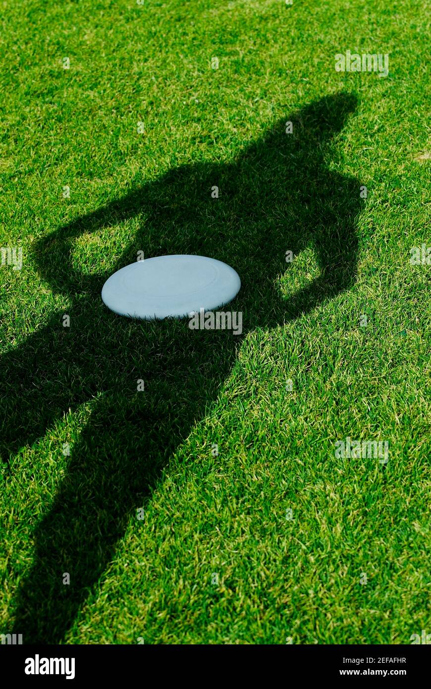 High angle view of a shadow of a person with a plastic disc in a park Stock Photo
