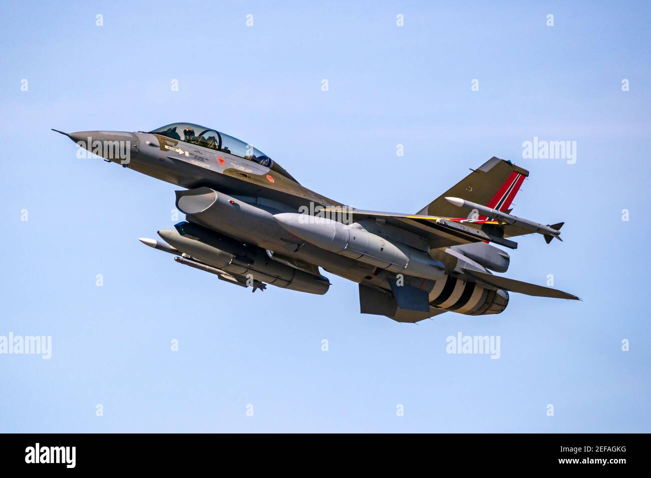 Norwegian Air Force F-16 in the colors of a WW2 Spitfire in flight. Belgium - September 14, 2019. Stock Photo