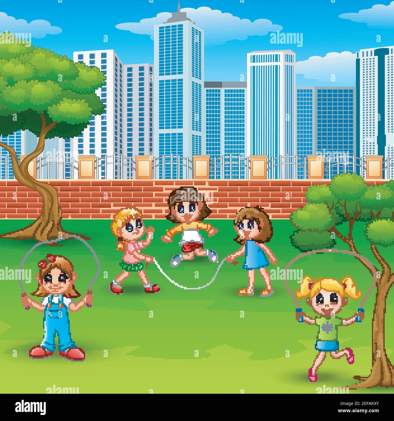 Vector illustration of Cartoon girls playing jumping rope in the park Stock Vector