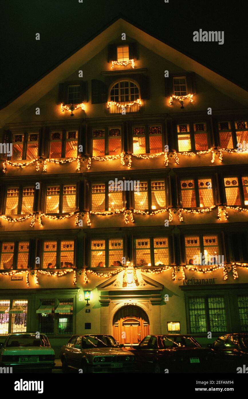 Building lit up at night, Guild House Restaurant, Zurich, Switzerland Stock Photo