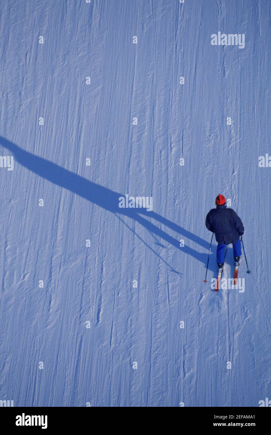 High angle view of a person skiing, Davos, Graubunden Canton, Switzerland Stock Photo