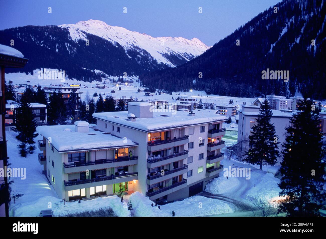 High angle view of buildings covered with snow, Davos, Graubunden Canton, Switzerland Stock Photo