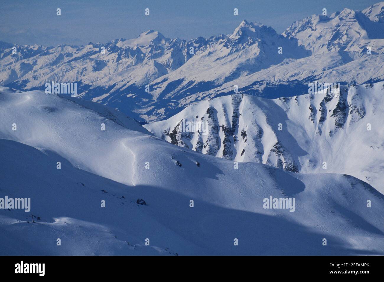 Panoramic view of snowcapped mountains, Davos, Graubunden Canton, Switzerland Stock Photo