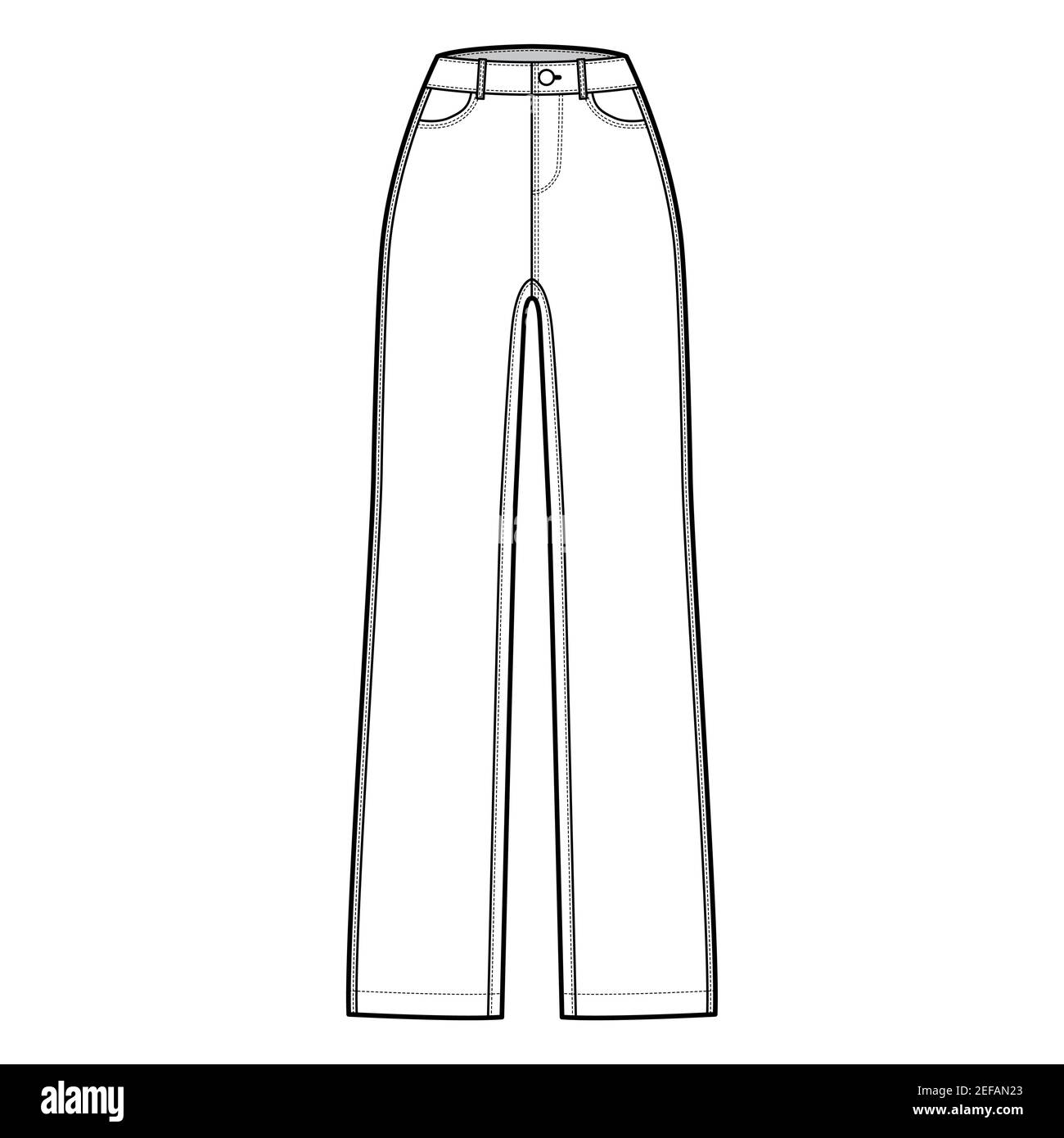 Straight Jeans Denim pants technical fashion illustration with full length,  normal waist, high rise, 5 pockets, Rivets. Flat bottom template front,  white, color style. Women, men, unisex CAD mockup Stock Vector Image