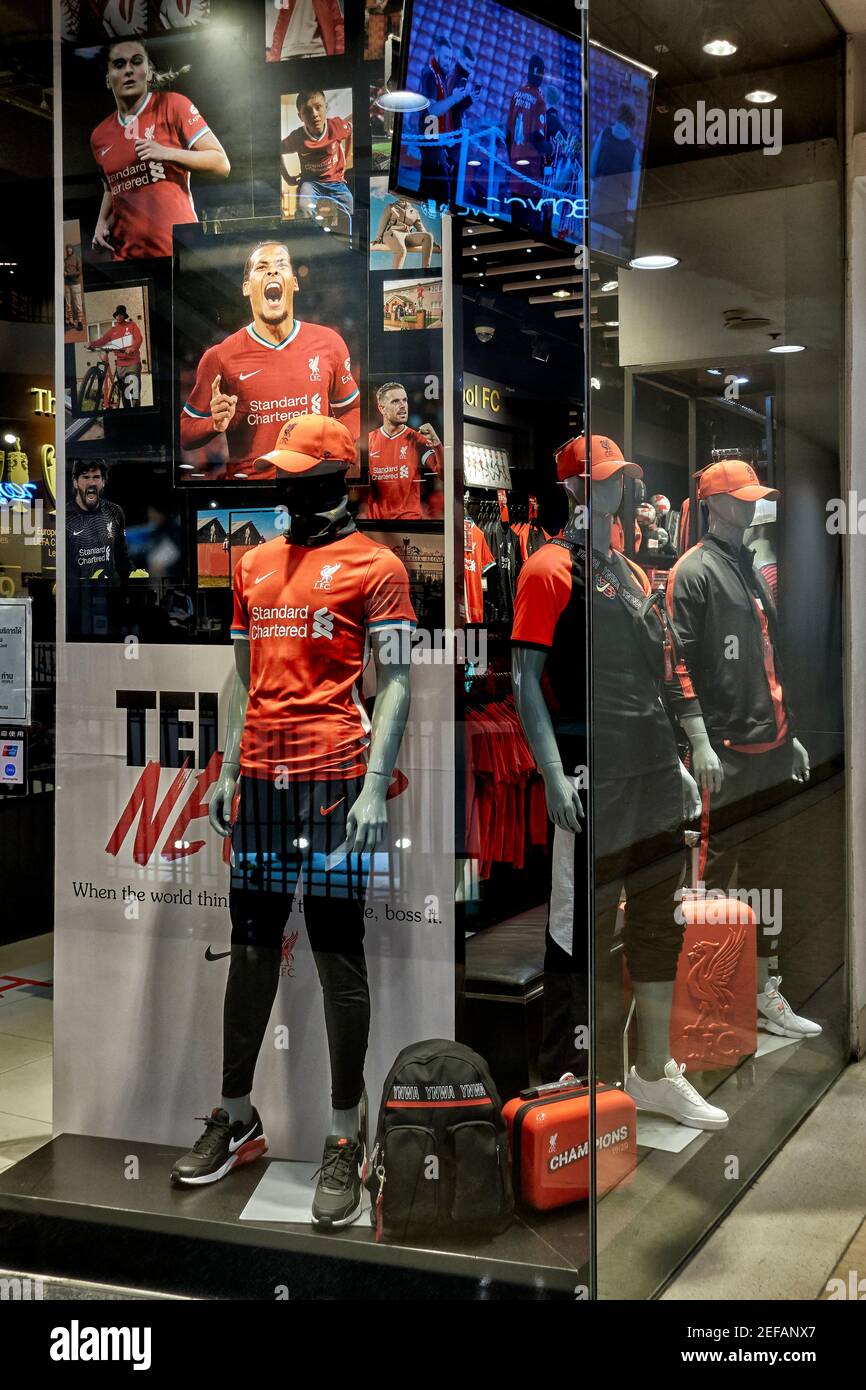 Liverpool FC shop selling kit and ancillary items of the LFC British football team. Thailand shop window Southeast Asia Stock Photo