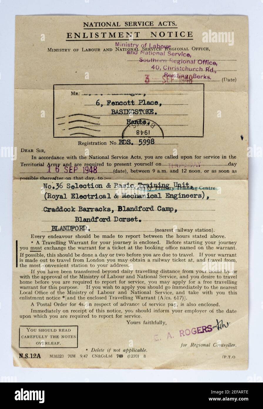 Army national service enlistment notice from 1948, England, UK Stock Photo