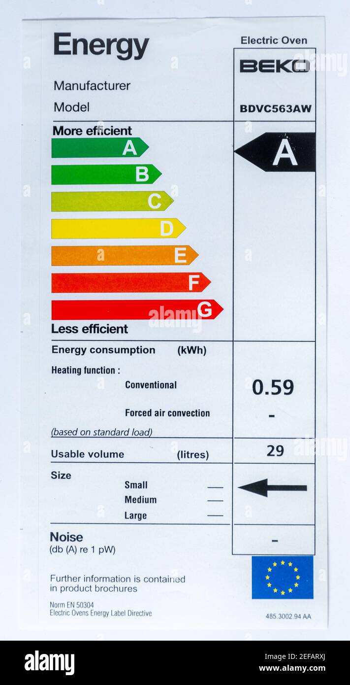 Energy efficiency rating label for a Beko electric cooker, electical appliance, UK Stock Photo