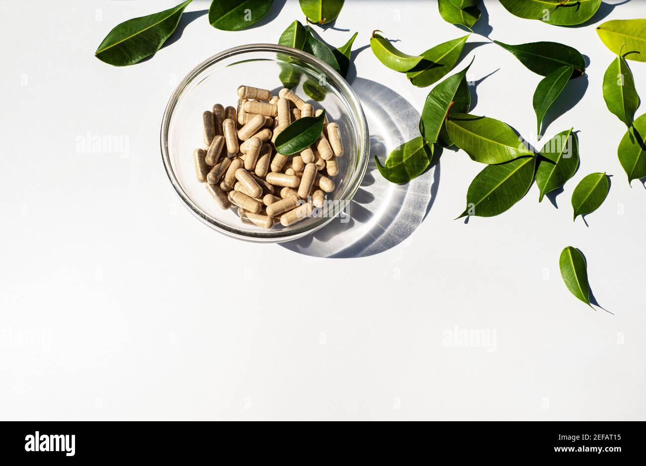 Vitamin capsules in a glass cup. Trace elements and health supplements. Glass shadow and fresh leaves. Copy space for text. White background. Stock Photo
