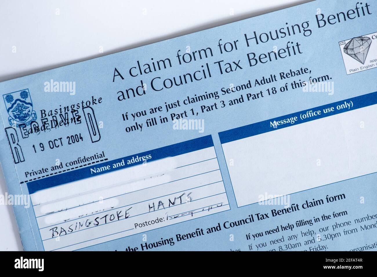 A claim form for housing benefit and council tax benefit, England, UK Stock Photo