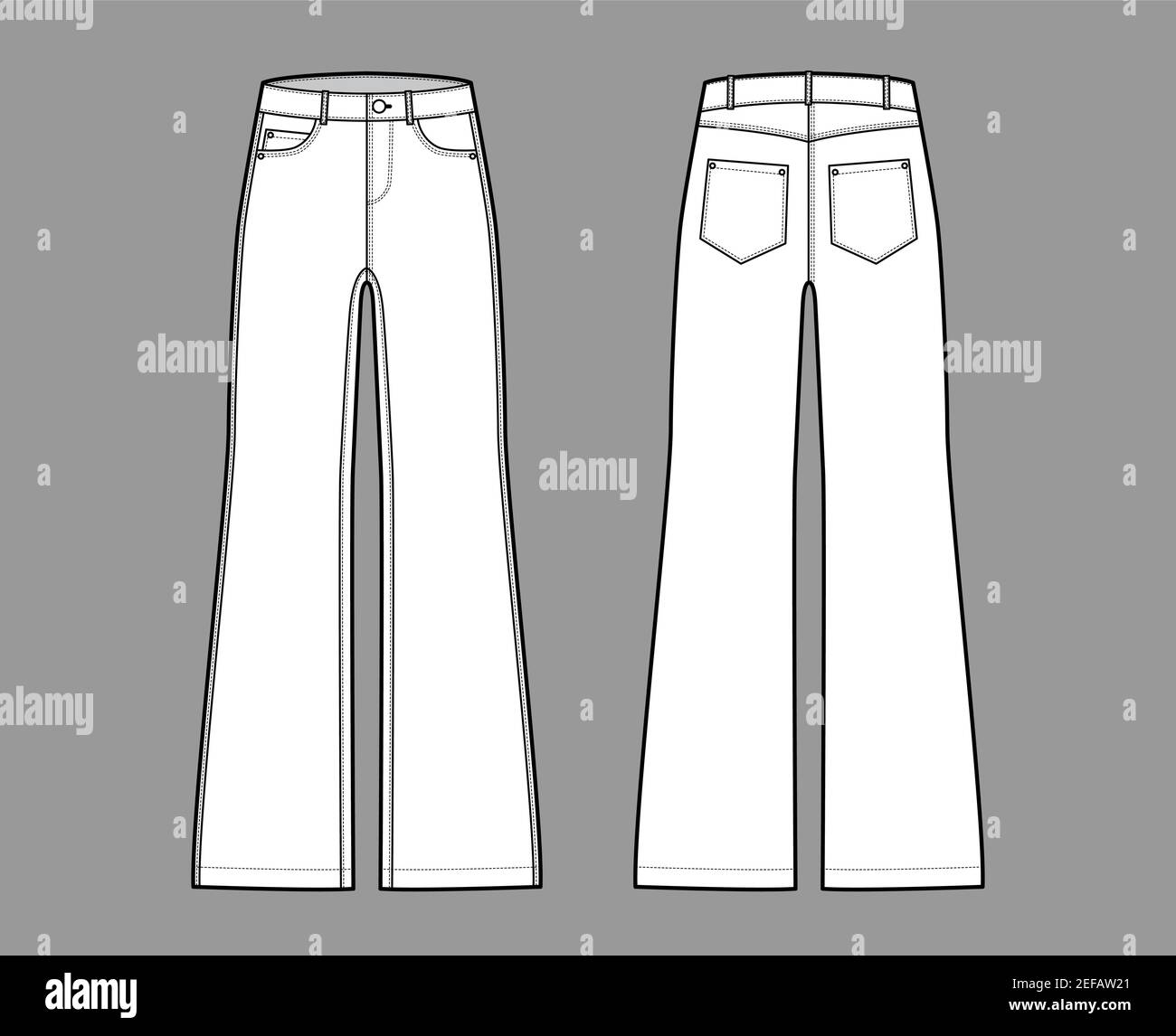 Set of Jeans wide leg Denim pants technical fashion illustration with low waist, rise, 5 pockets, Rivets, belt loops. Flat bottom template front, back, white color style. Women, men, unisex CAD mockup Stock Vector