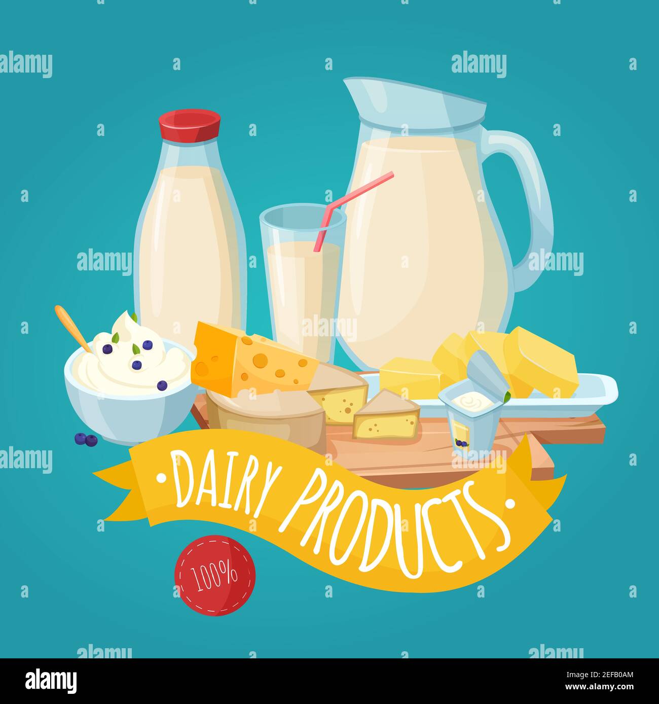 Dairy products poster with milk curd cheese butter yogurt and yellow ribbon on blue background