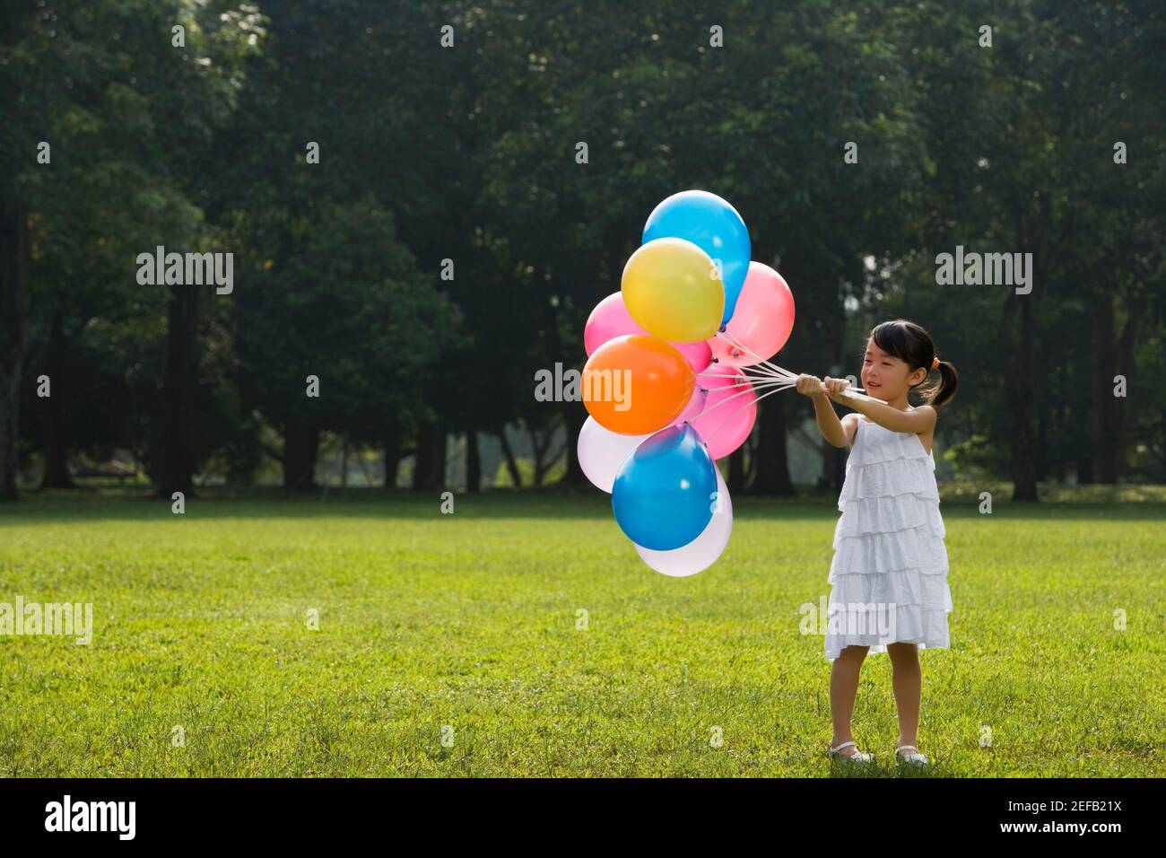 Girl holding balloons in a park Stock Photo Alamy