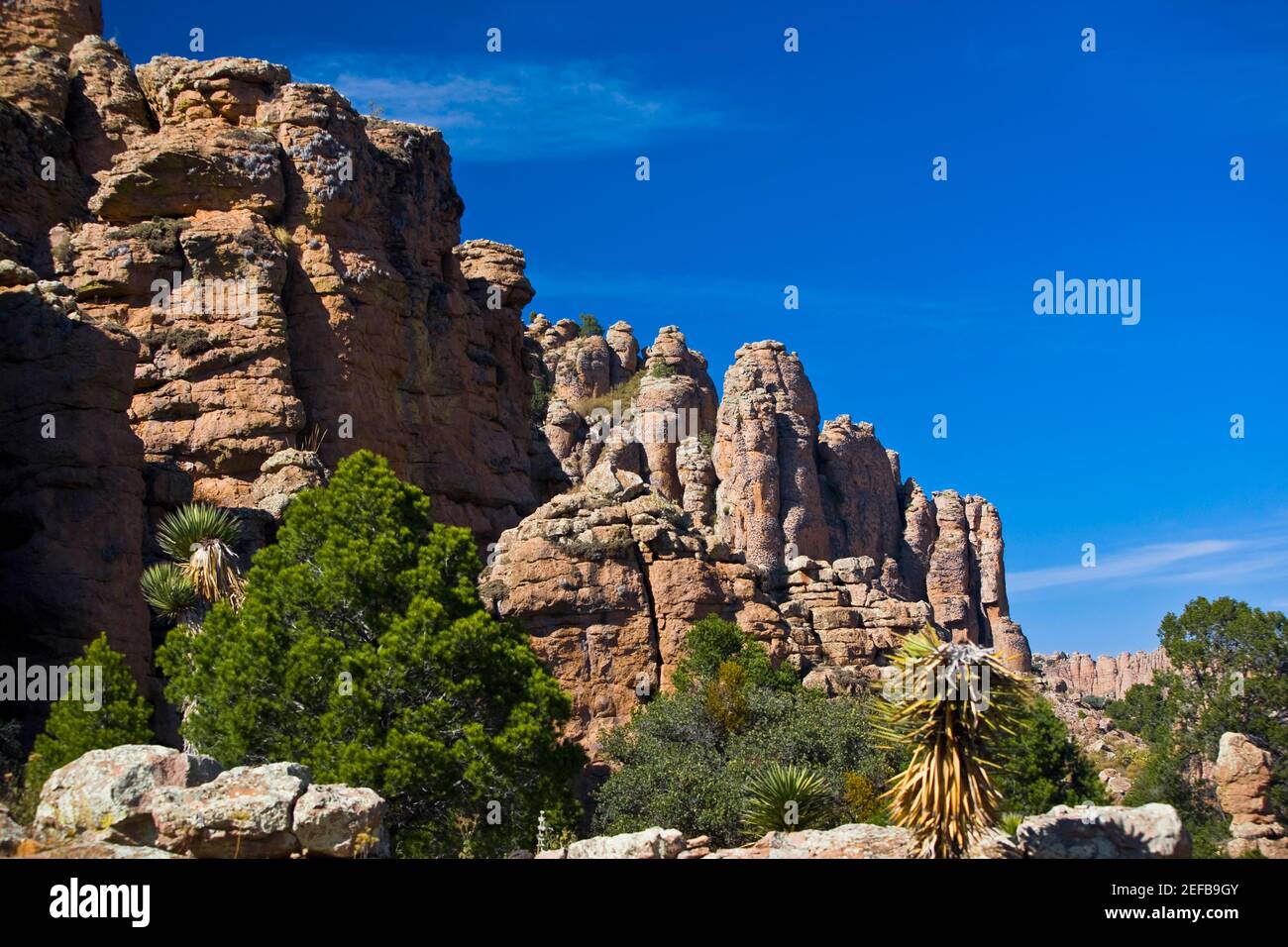 Low angle view of rock formations, Sierra De Organos, Sombrerete, Zacatecas State, Mexico Stock Photo