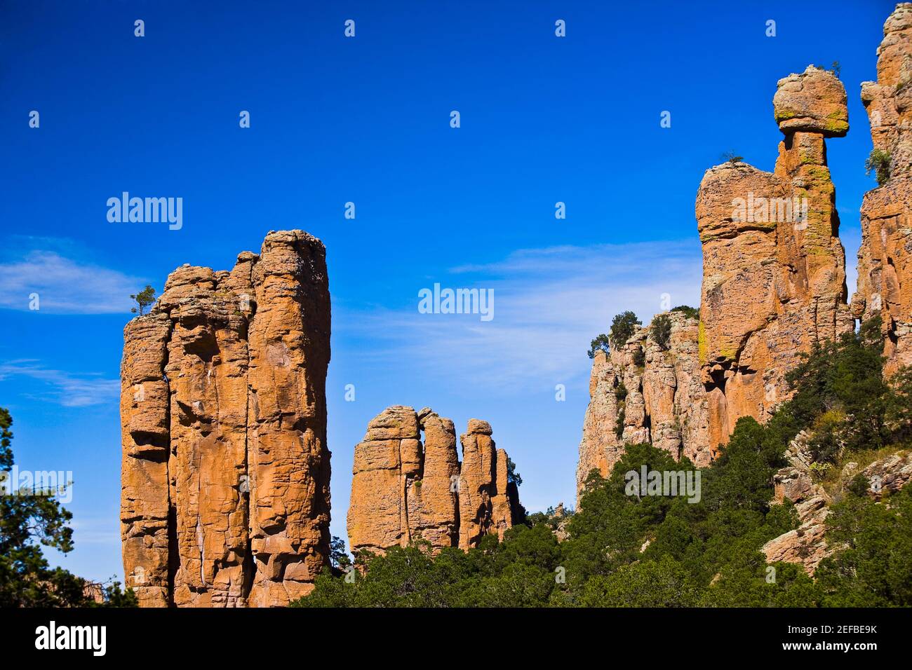 Low angle view of rock formations, Sierra De Organos, Sombrerete, Zacatecas State, Mexico Stock Photo