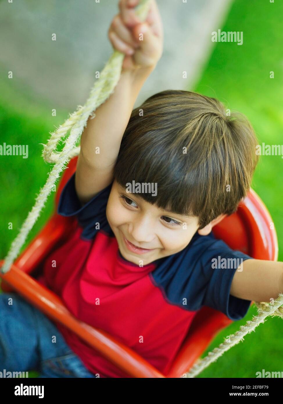 New Zealand Photos  Young boy smiling and sharing a rope swing