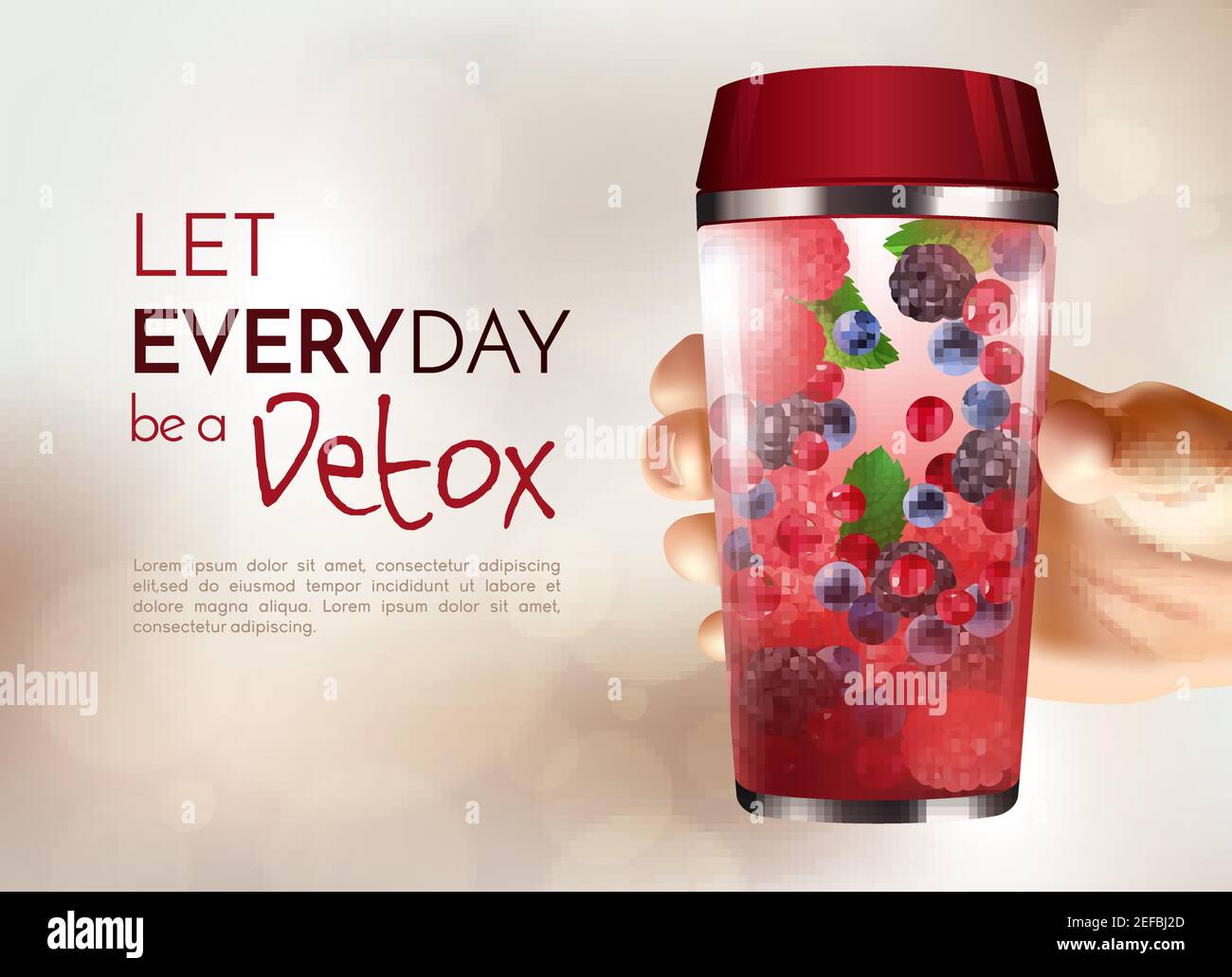 Poster with hand holding detox bottle with berries inside on beige blurred background 3d design vector illustration Stock Vector