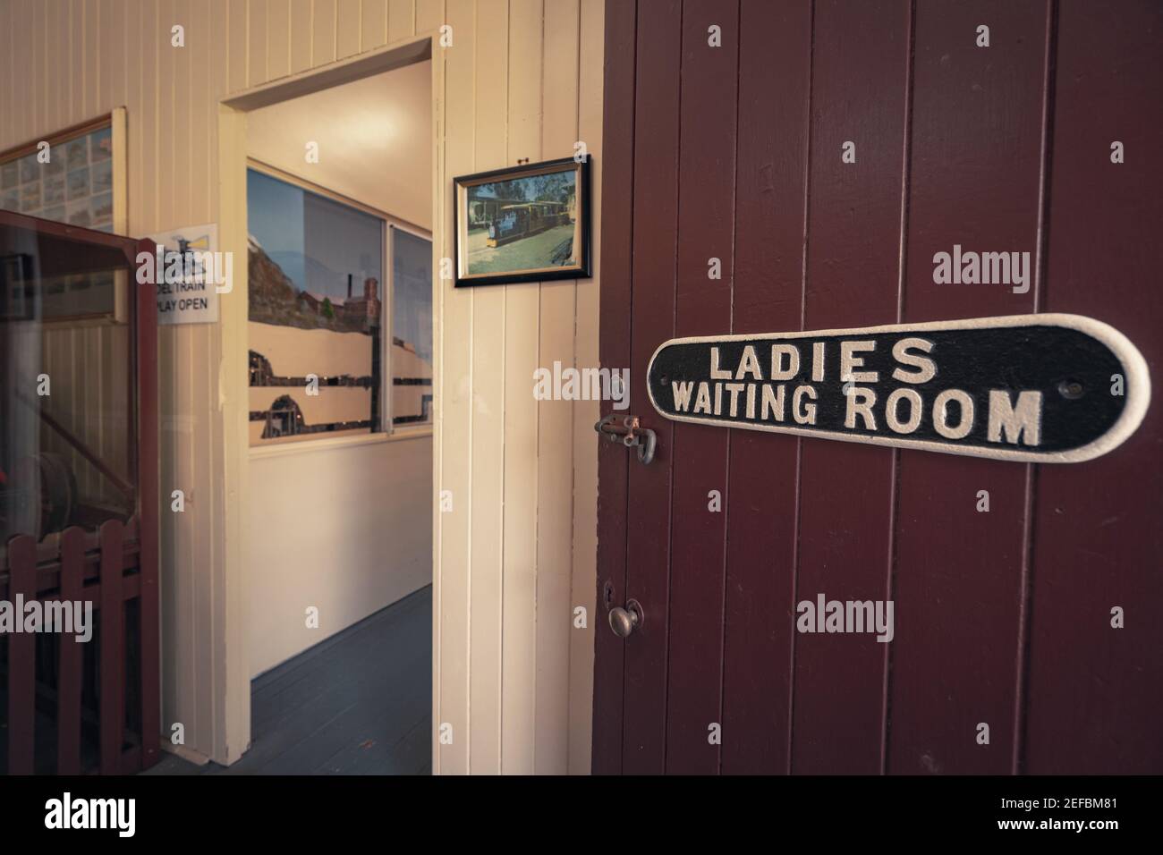 Old-fashioned Ladies Waiting Room sign at a train station Stock Photo
