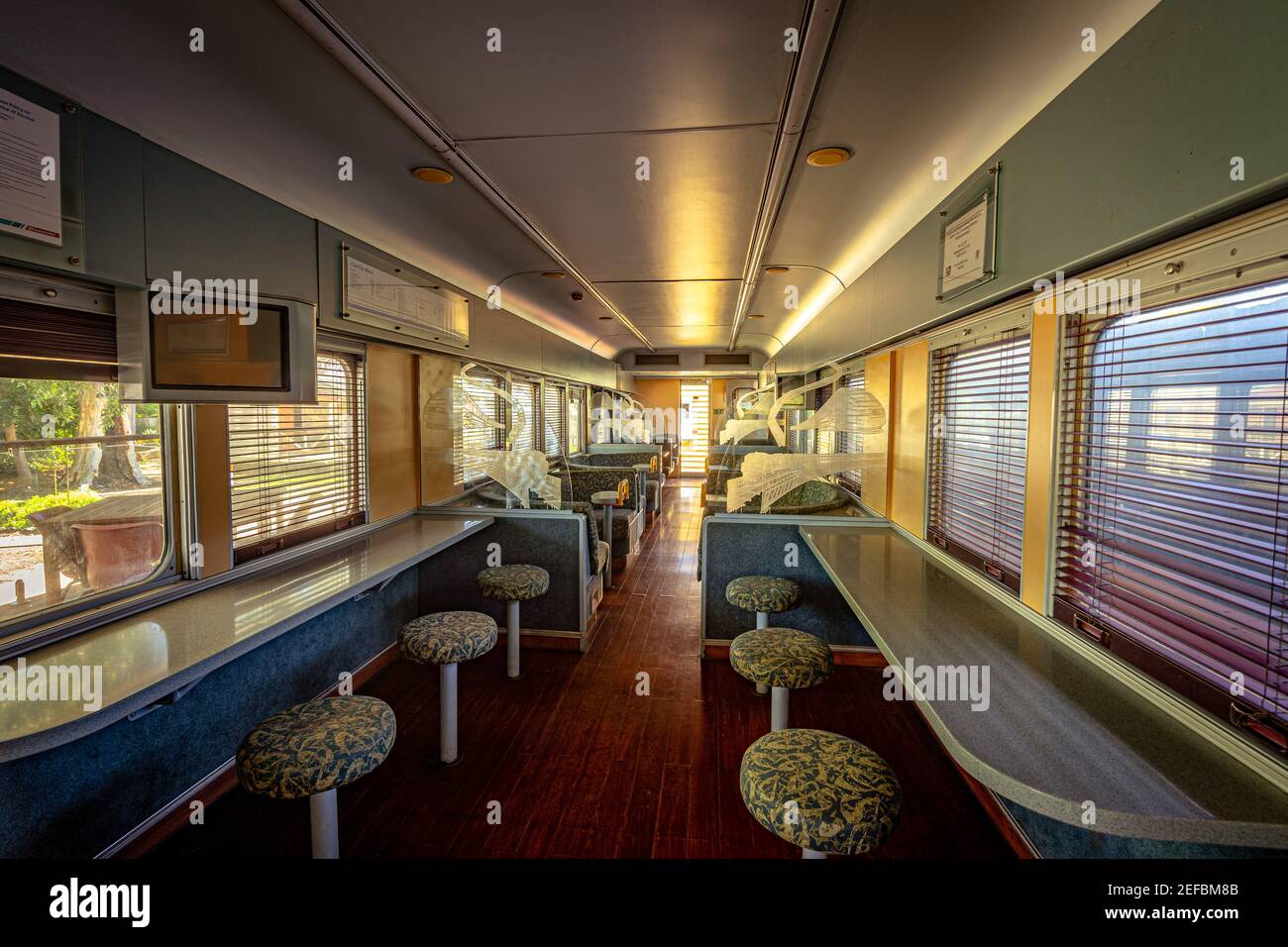 Train dining car interior, restaurant on wheels Stock Photo