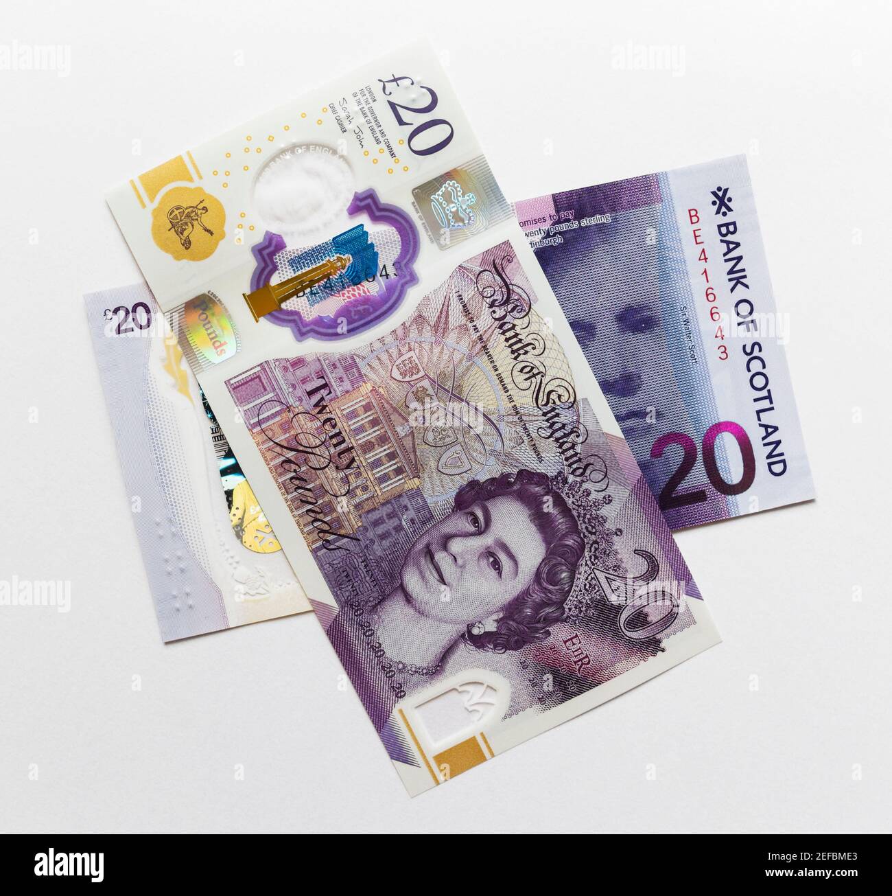 English and Scottish twenty pound notes. Stock Photo