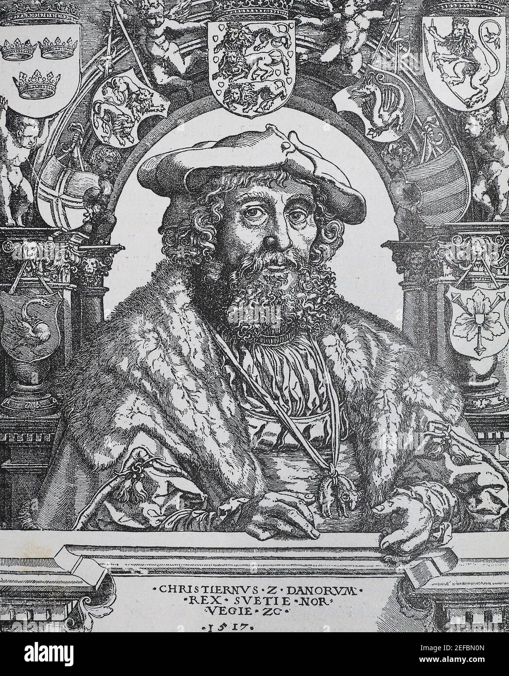 Christian II of Denmark. Engraving of 1517. Stock Photo