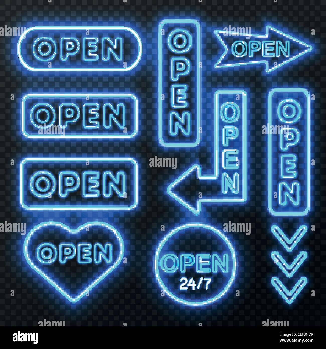 Neon open sign set with isolated images of blue electric light sign