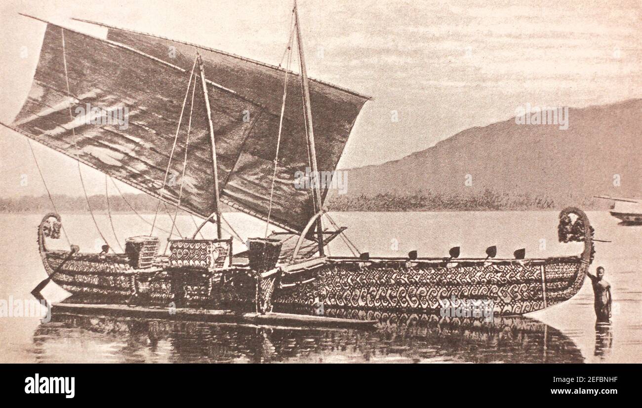 Long-voyage sailing-boat with outrigger in Hermit Islands in the late 19th century. Stock Photo