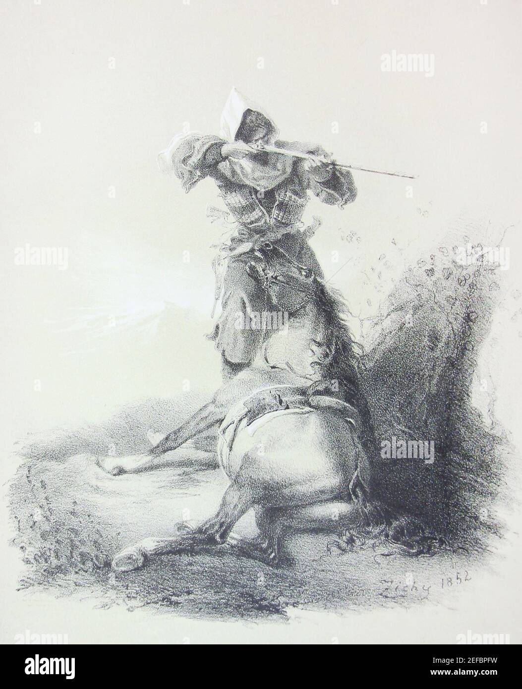 Shooting Caucasian Highlander. The engraving of the 19th century. Stock Photo