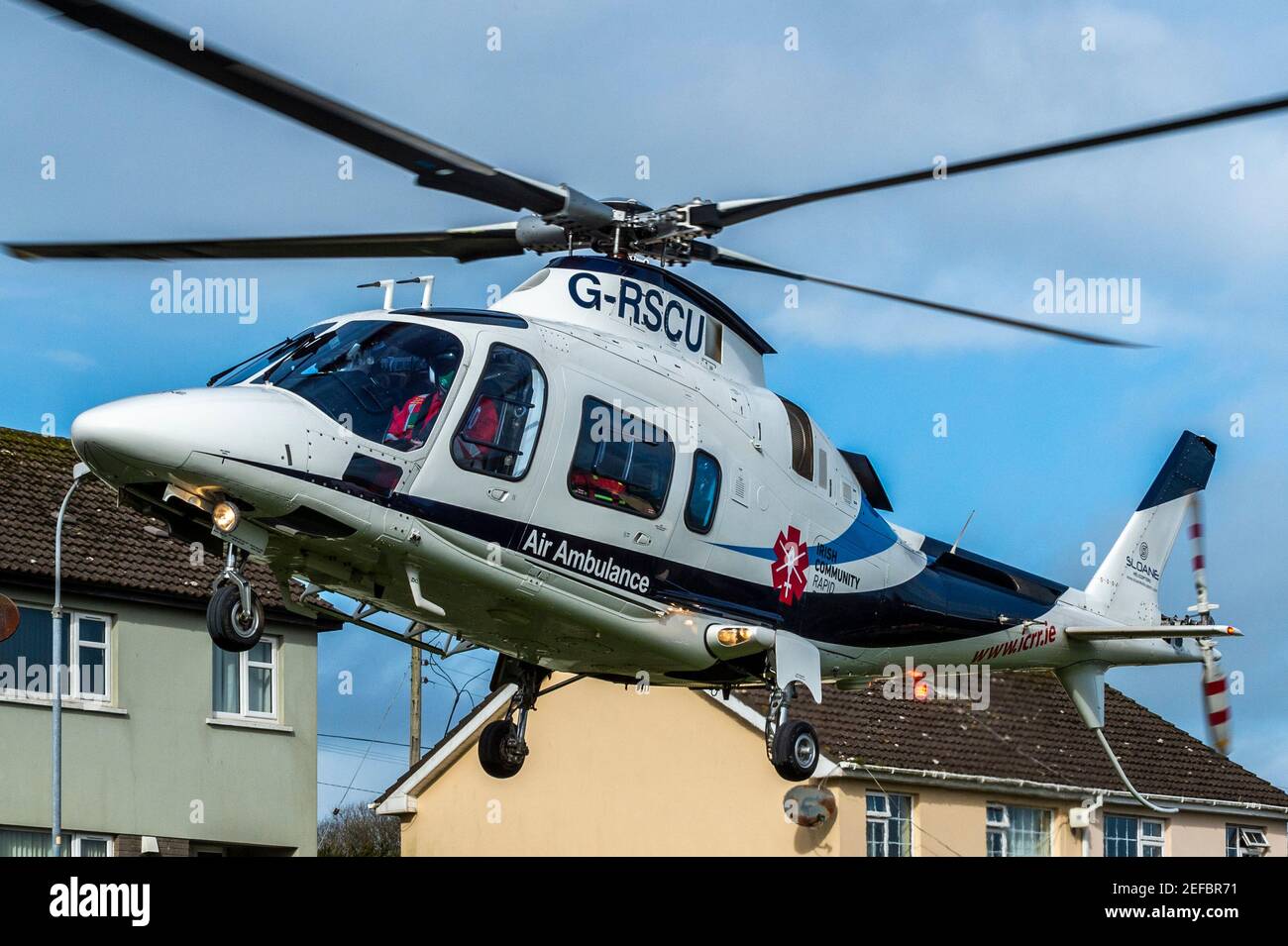 Timoleague, West Cork, Ireland. 17th Feb, 2021. The Air Ambulance landed in a Timoleague housing estate this morning to a patient who had a heart attack. Sadly, the patient passed away so was not transported to hospital. Credit: AG News/Alamy Live News Stock Photo