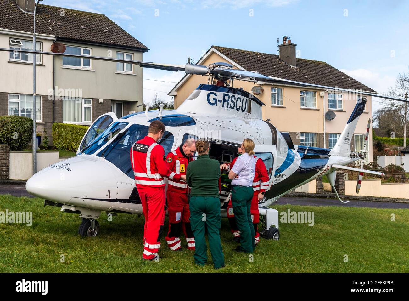 Timoleague, West Cork, Ireland. 17th Feb, 2021. The Air Ambulance landed in a Timoleague housing estate this morning to a patient who had a heart attack. Sadly, the patient passed away so was not transported to hospital. Credit: AG News/Alamy Live News Stock Photo