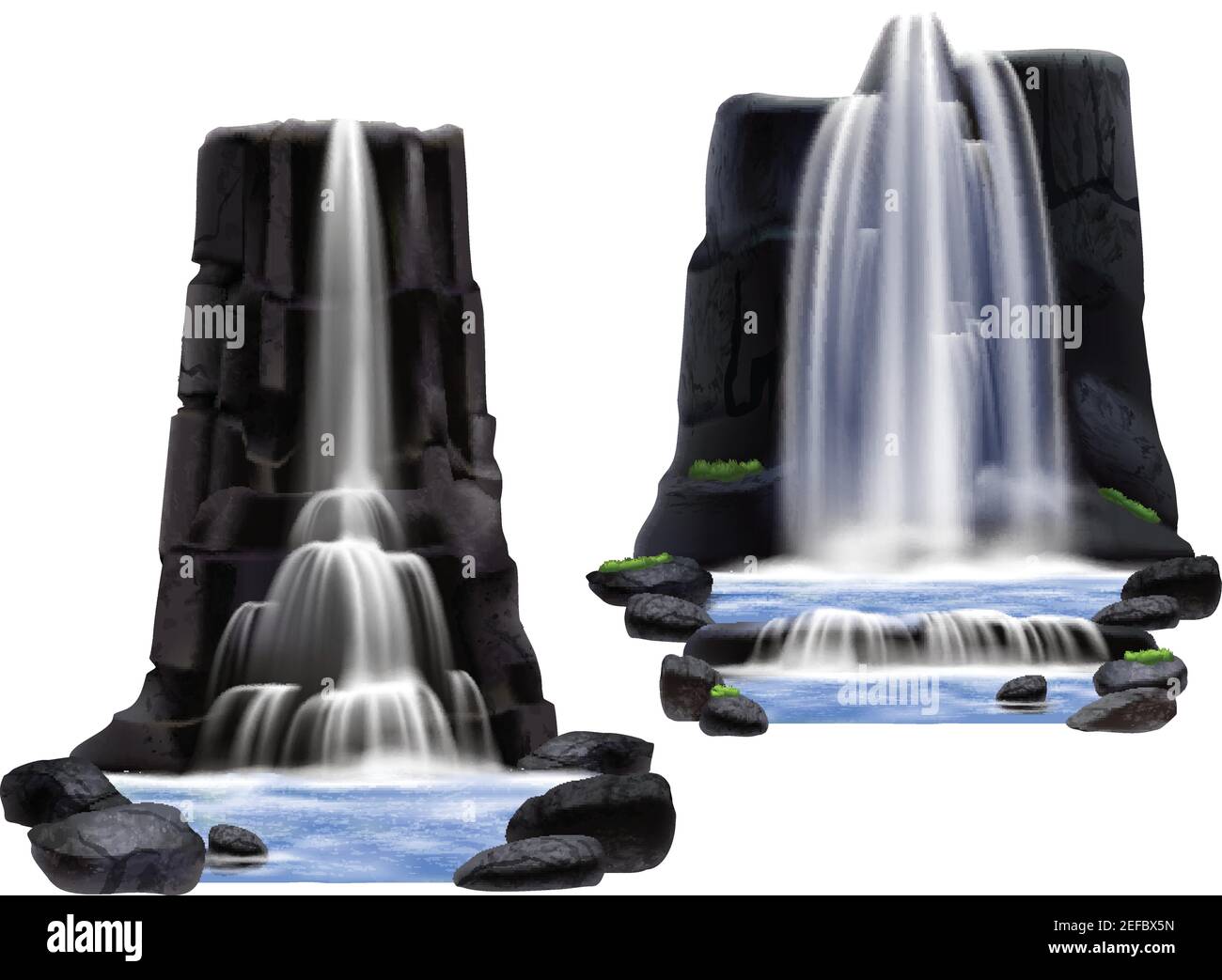 Colored waterfalls realistic composition set for game development and ...