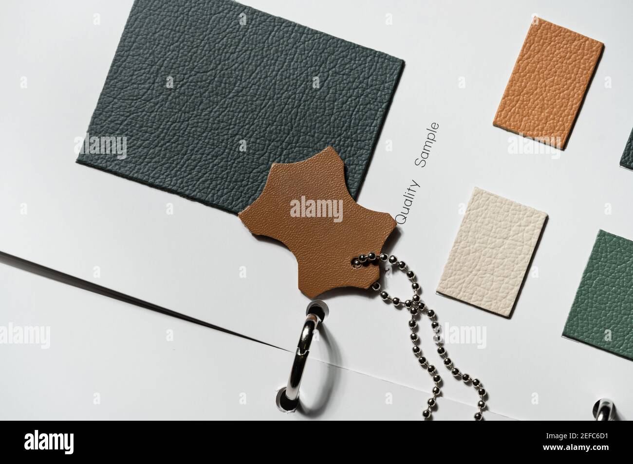 leather swatch book with various different colors. Stock Photo