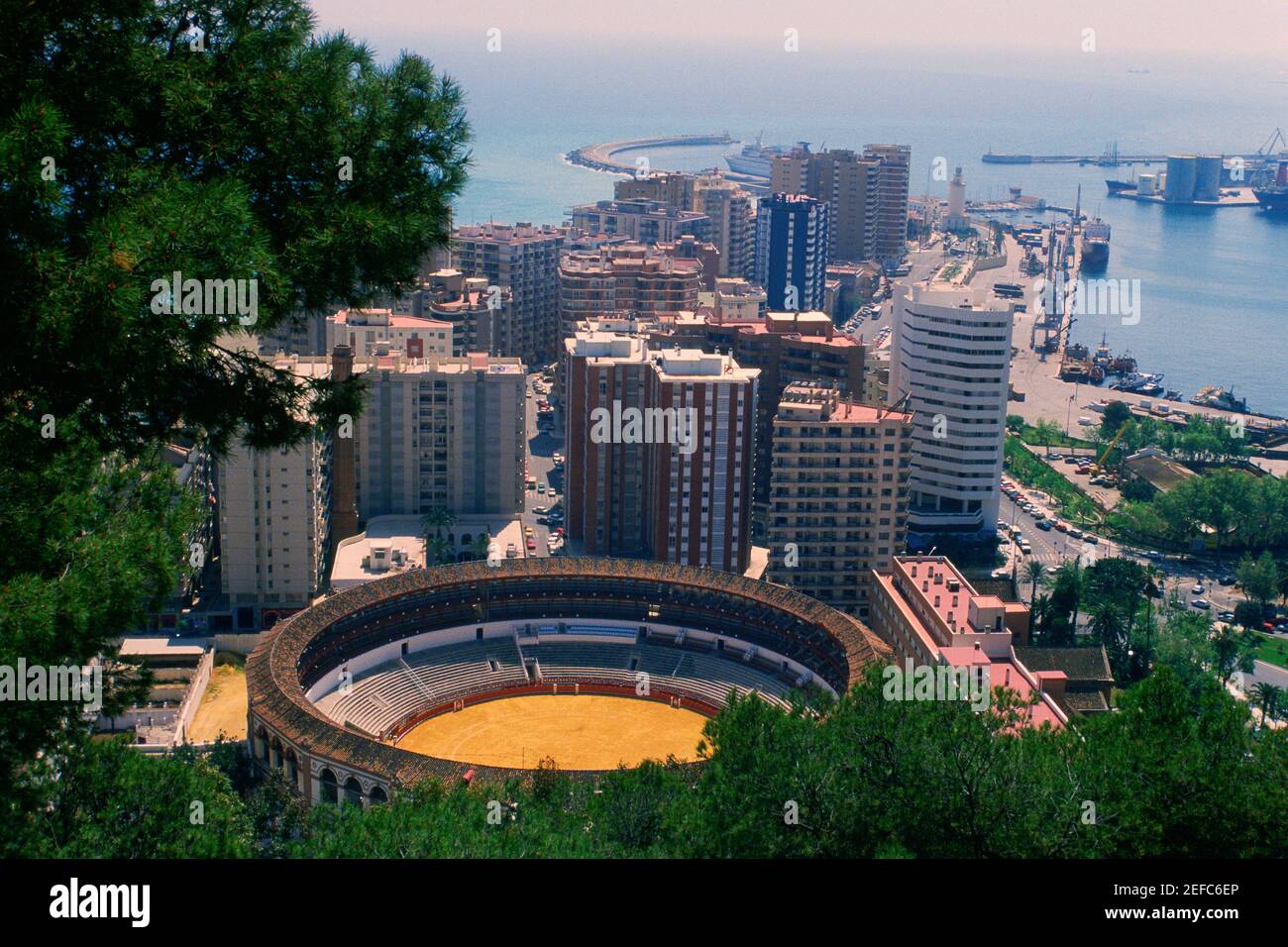 High angle view of a bullring in the city, Malaga, Andalusia, Spain Stock Photo
