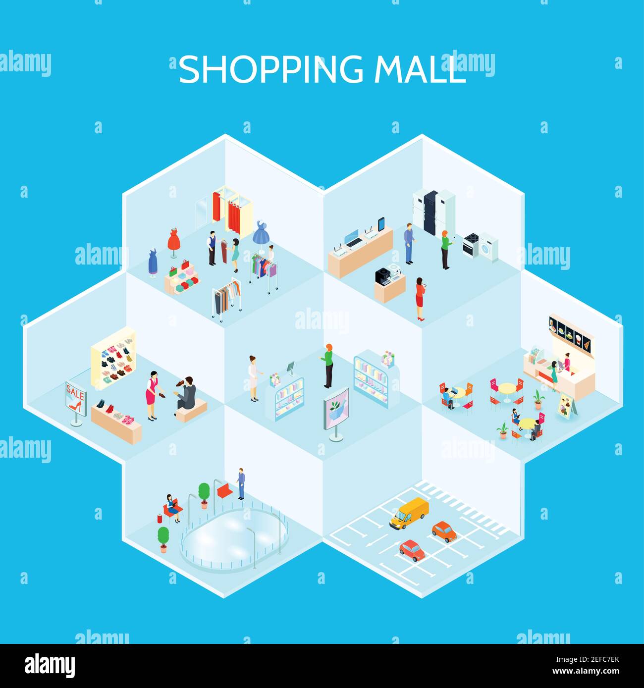 Isometric shopping mall composition with different type of stores and