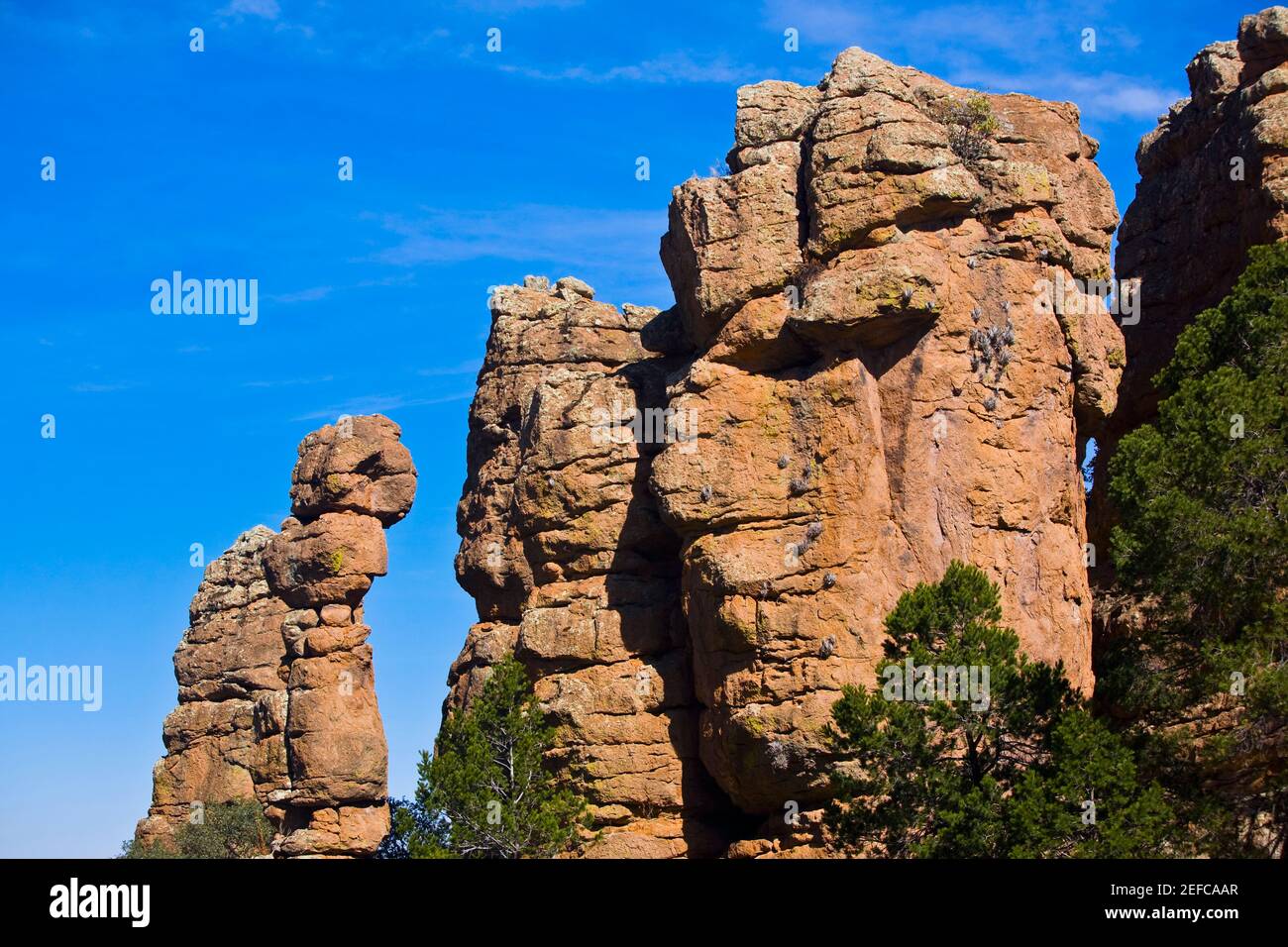 Low angle view of rock formations, Sierra De Organos, Sombrerete, Zacatecas State, Mexico Stock Photo