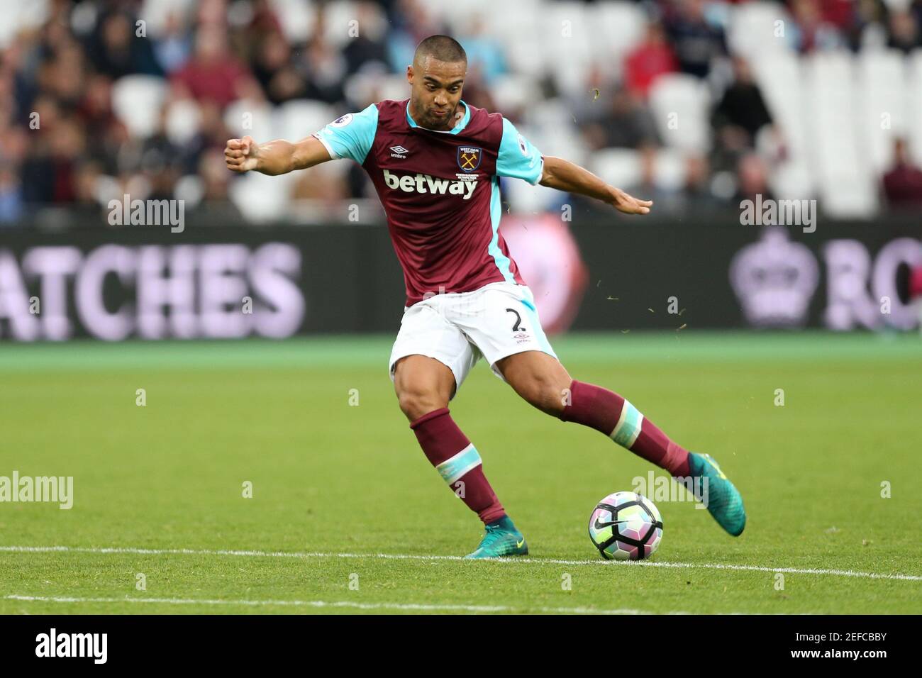 Britain Soccer Football - West Ham United v Sunderland - Premier League - London Stadium - 22/10/16 West Ham United's Winston Reid scores their first goal  Reuters / Paul Hackett Livepic EDITORIAL USE ONLY. No use with unauthorized audio, video, data, fixture lists, club/league logos or 'live' services. Online in-match use limited to 45 images, no video emulation. No use in betting, games or single club/league/player publications.  Please contact your account representative for further details. Stock Photo