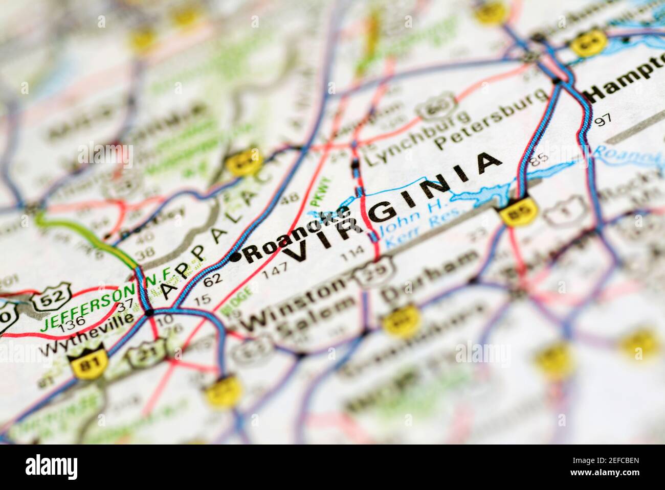 Closeup of the road map of Virginia Stock Photo Alamy