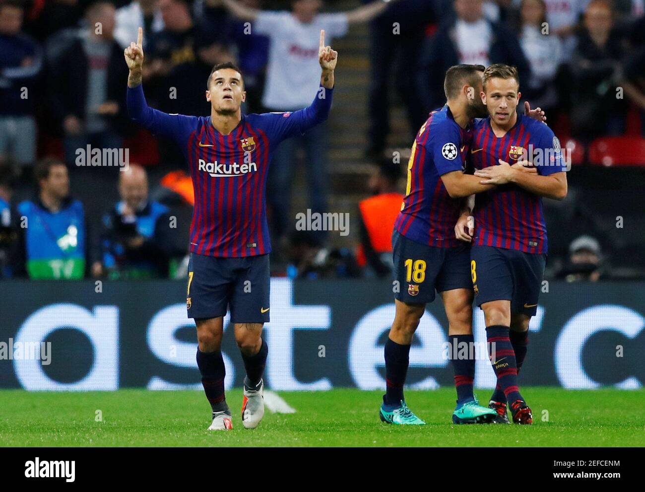 Soccer Football - Champions League - Group Stage - Group B - Tottenham Hotspur v FC Barcelona - Wembley Stadium, London, Britain - October 3, 2018  Barcelona's Philippe Coutinho celebrates scoring their first goal   REUTERS/Eddie Keogh Stock Photo