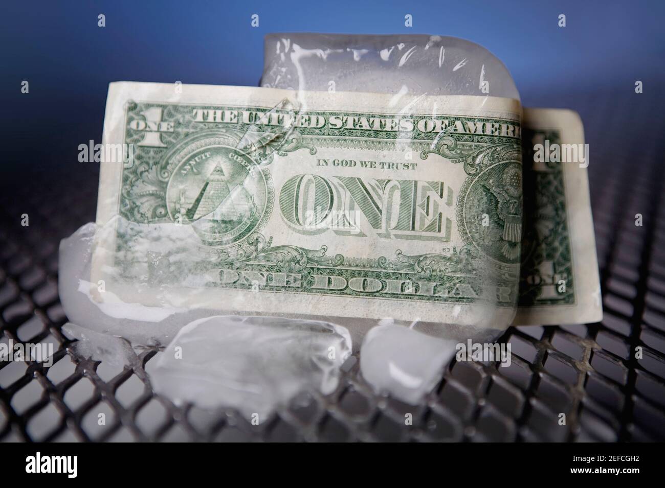Close up of one dollar bill wrapped around an ice cube Stock Photo