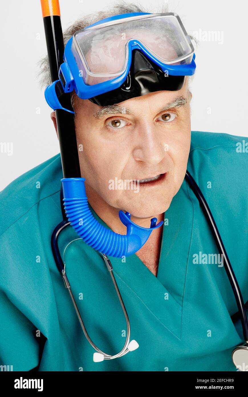 Close up of a male doctor with a snorkel on his head Stock Photo Alamy