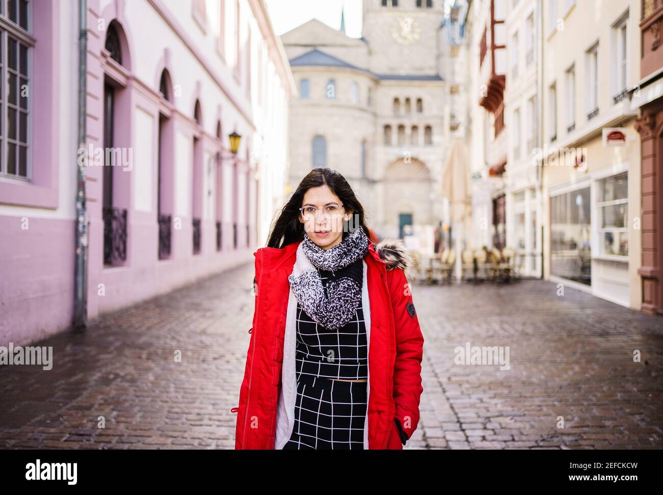 Trier, Germany. 16th Feb, 2021. Melanie Wery-Sims (Die Linke), one of the two top candidates for the state elections in Rhineland-Palatinate, walks through the pedestrian zone of the small Moselle town. Melanie Wery-Sims (Die Linke) from the district of Bernkastel-Wittlich is part of the duo. Officially, she is on list position two of the state list. The state election is scheduled for March 14, 2021. Credit: Andreas Arnold/dpa/Alamy Live News Stock Photo