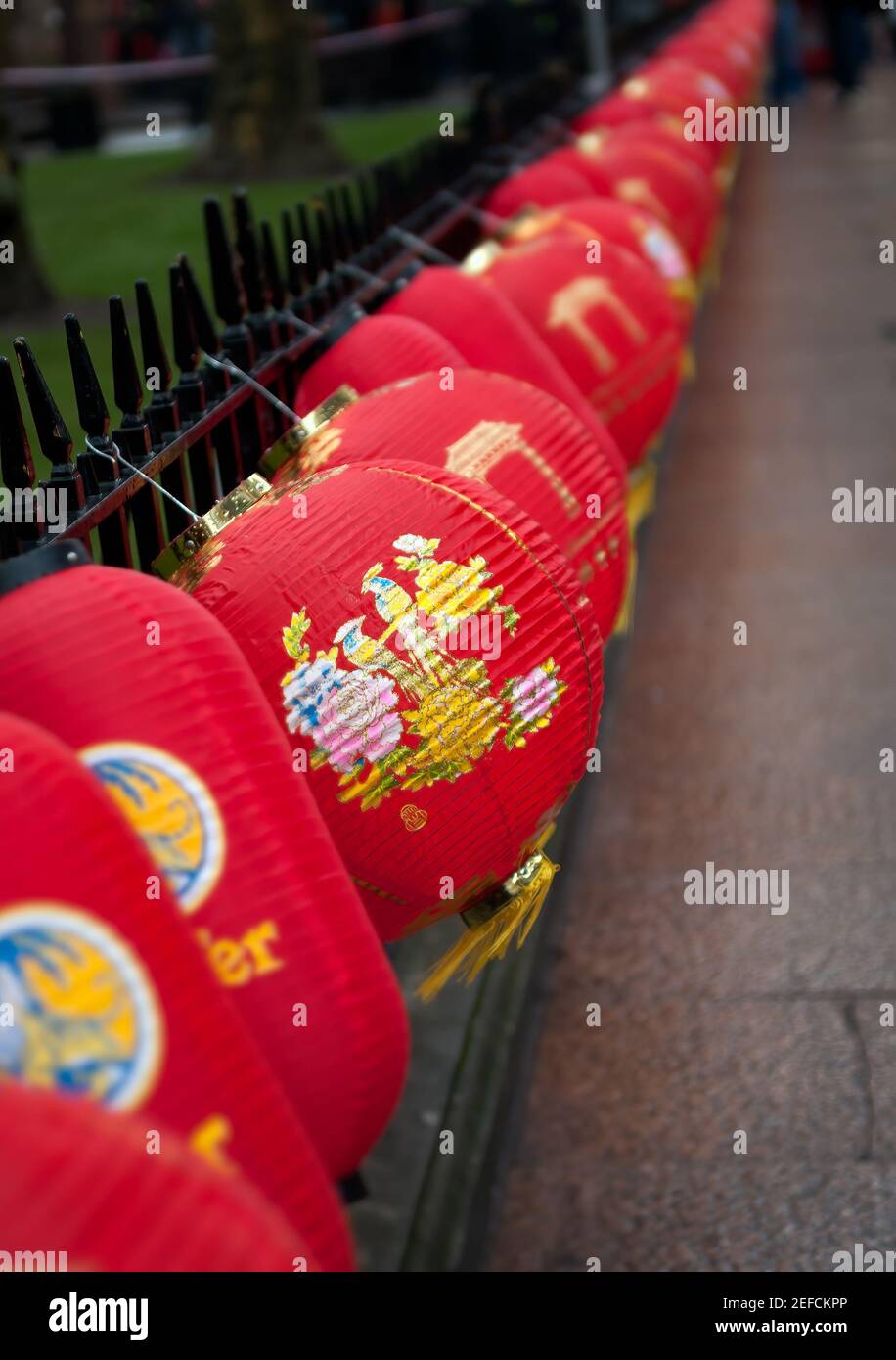 Chinese paper lanterns on railing fence in  Trafalgar Square during celebrations for Chines New Year Stock Photo
