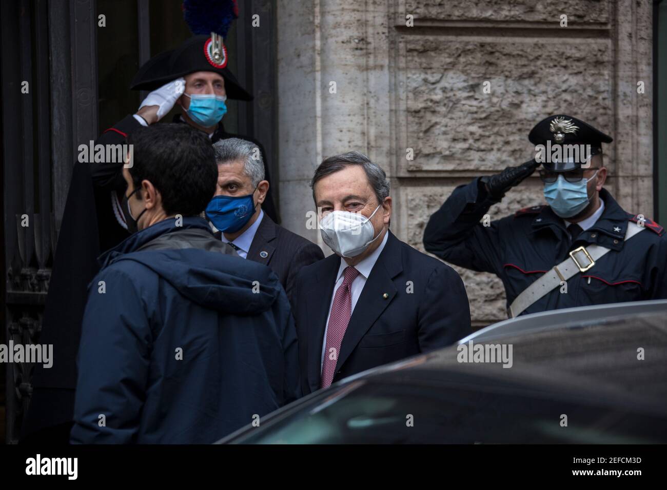 Rome, Italy. 17th Feb, 2021. The Italian Prime Minister and former President of the European Central Bank, BCE, Professor Mario Draghi, arrives at the Senate of the Italian Republic asking the Senators the vote of confidence (Voto di fiducia) for the new Italian Government. Credit: LSF Photo/Alamy Live News Stock Photo