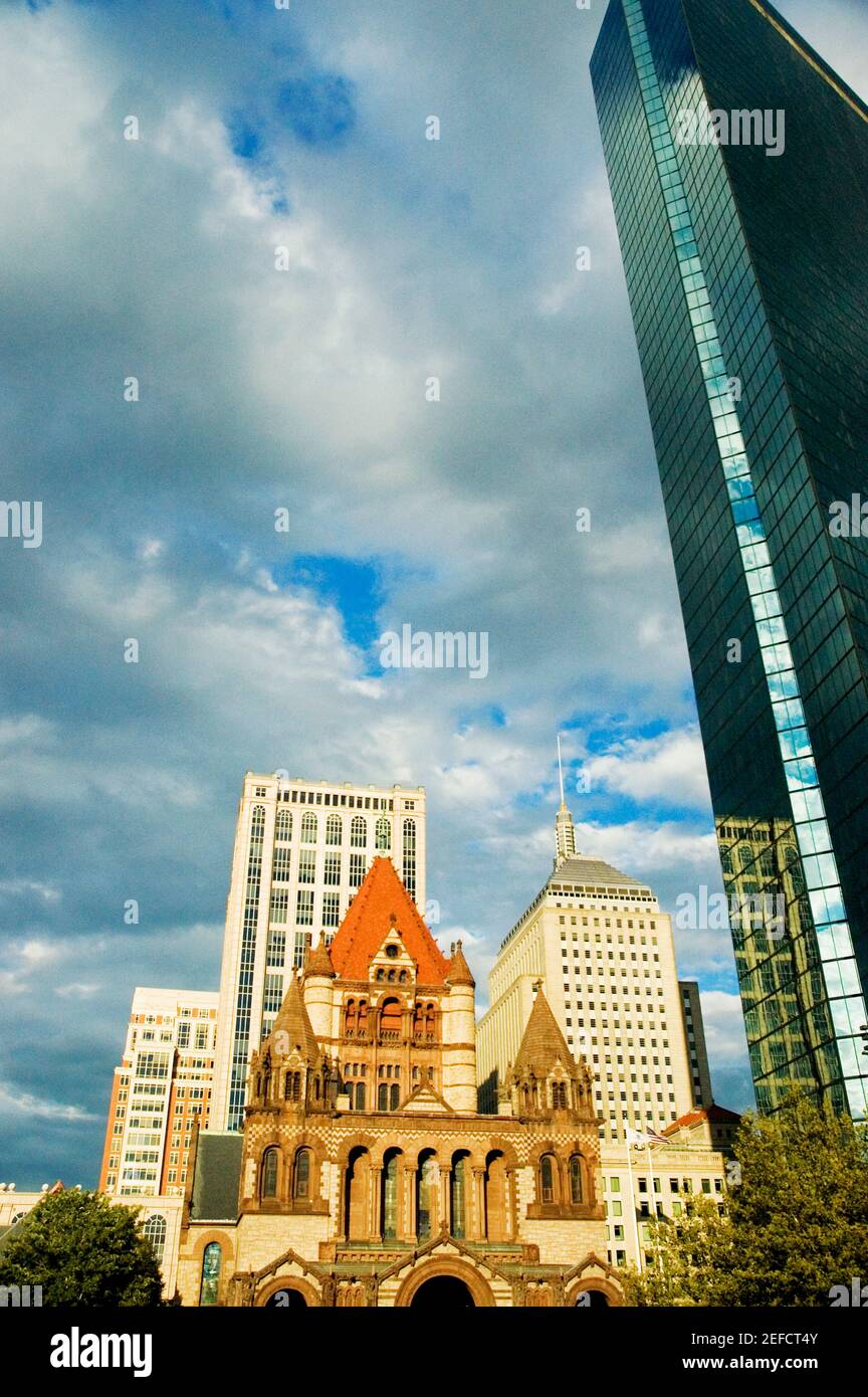 Low angle view of buildings in a city, Trinity Church, John Hancock Tower, Boston, Massachusetts, USA Stock Photo