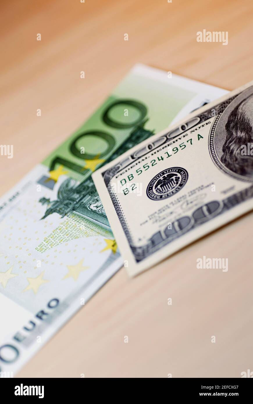 Close up of one hundred Euro banknote and one hundred dollar bill Stock ...