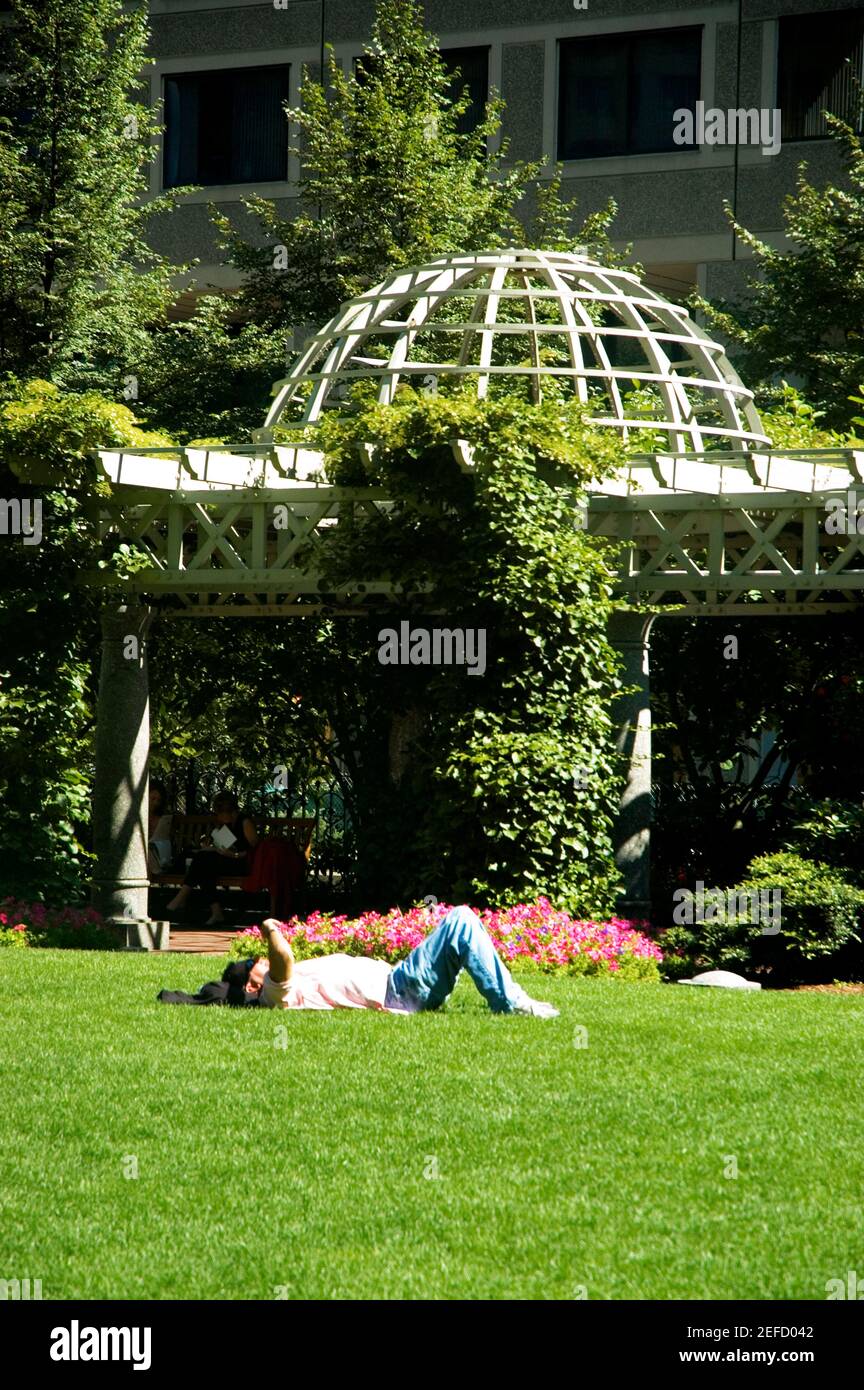 Side profile of a person lying in a park, Norman Leventhal Park, Boston, Massachusetts, USA Stock Photo