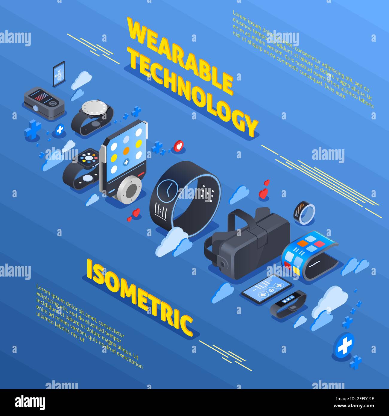 Wearable technology isometric composition with devices for health, watches, fitness trackers on blue textured background vector illustration Stock Vector