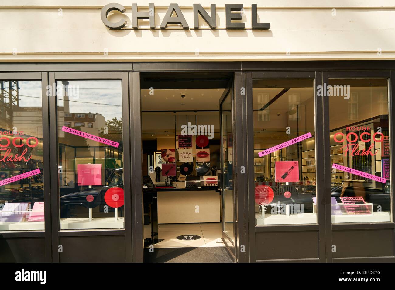 BERLIN, July 2020: Chanel brand store with open door at daytime Stock Photo