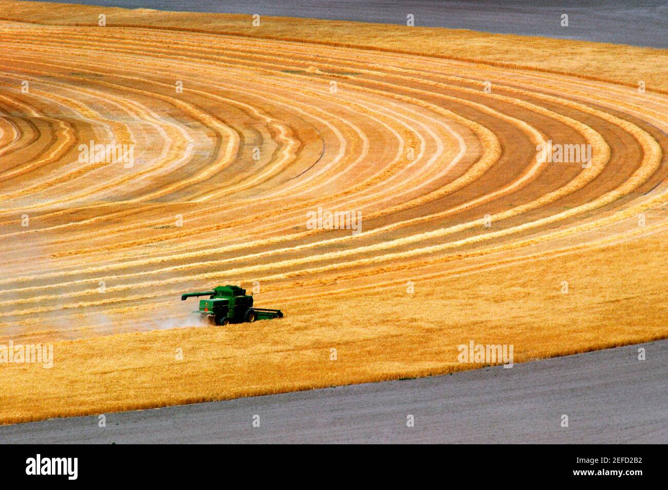 Aerial view of combine harvesting wheat field, Cheyenne, WY Stock Photo